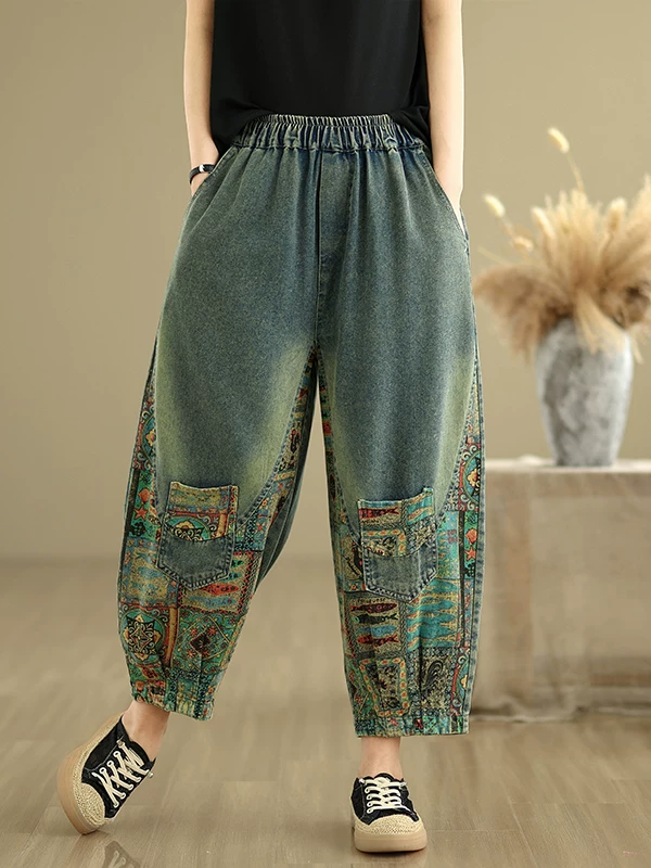 Quần harem denim trắng phong cách dân tộc, phối vải, kiểu retro, mỏng, mùa hè, cạp chun, dáng rộng, ống lửng