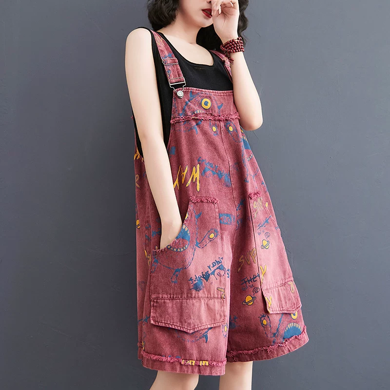 Quần yếm denim in họa tiết thời trang trẻ trung dành cho nữ, mẫu mới hè 2026, size lớn, dáng rộng, tôn dáng, kiểu jumpsuit năm phần.