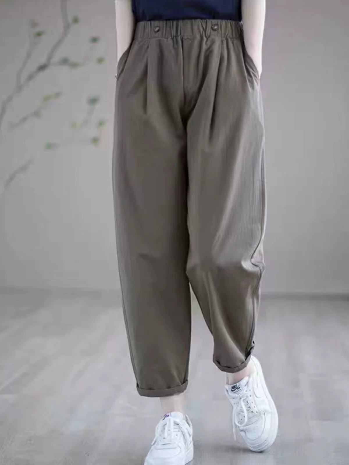 Quần cotton kiểu cổ điển dành cho nữ, mùa xuân hè, lưng thun, quần harem thon gọn, màu trơn, quần ống đứng đa năng.