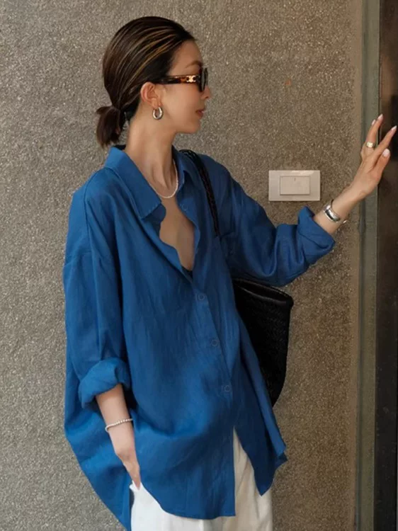 Áo sơ mi dài tay chống nắng bằng vải lanh cao cấp, áo khoác cardigan dáng rộng, phong cách old money mùa hè, áo sơ mi cotton-linen mỏng màu xanh.