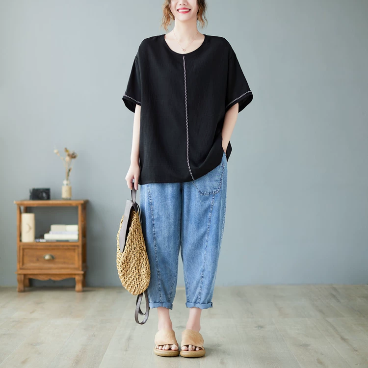 Áo thun cotton và lanh nữ hè 2025 kiểu mới, tay ngắn, thời trang, năng động, che bụng, tôn dáng, size lớn, hợp xu hướng