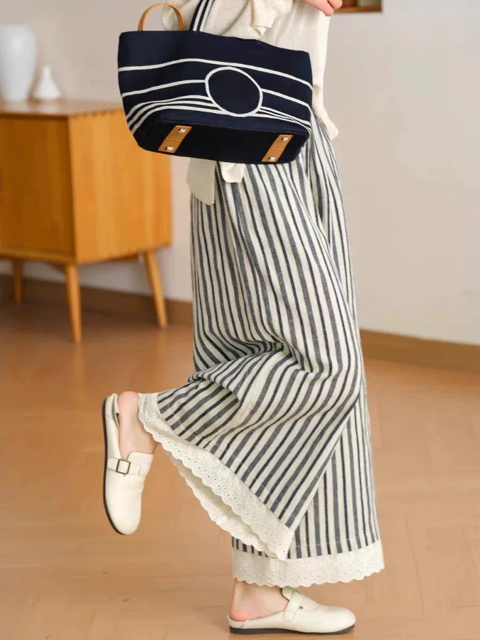 Quần ống rộng sọc cotton-linen phối ren cotton kiểu Nhật dành cho nữ mùa hè 2026, cạp cao, dây buộc, trẻ trung, phong cách thường ngày, kiểu váy