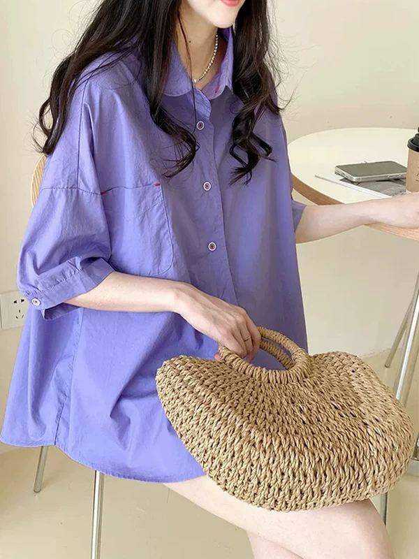 Áo kiểu mới mùa hè kiểu Hàn Quốc dáng rộng chữ A, áo sơ mi cổ búp bê tay lỡ màu trơn.