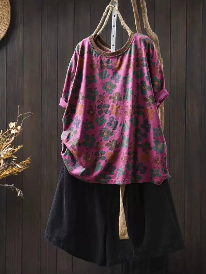 Áo thun nữ tay ngắn in họa tiết cotton nguyên chất kiểu mới hè 2026, áo kiểu rộng rãi, size lớn, chất liệu thoải mái che khuyết điểm.