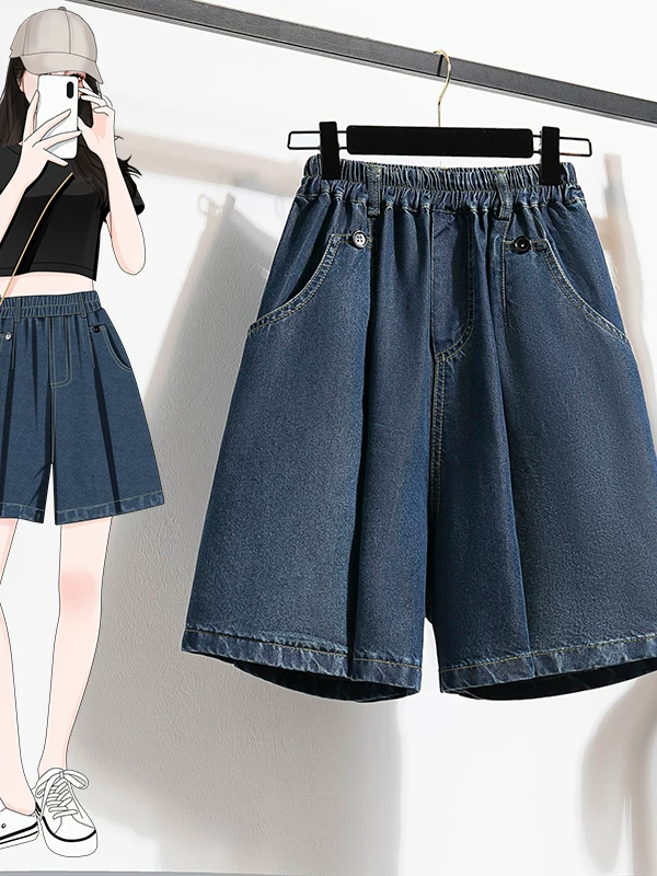Quần short denim Tencel nữ mùa hè 2025, chất liệu mỏng, cạp cao, dáng chữ A, chất liệu lụa đá mát lạnh, kiểu dáng suông, tôn dáng, dài đến đầu gối, mặc ngoài.