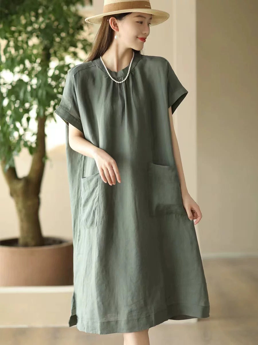 Váy cotton và vải lanh nghệ thuật cổ điển dành cho nữ, kiểu dáng rộng rãi màu trơn mùa hè với túi lớn, váy dài tay ngắn, váy lanh rộng rãi thanh lịch.
