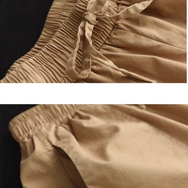 Quần short cotton linen retro mùa hè 2025, cạp chun, dáng rộng, tôn dáng, màu trơn, quần lửng năm phần dành cho nữ