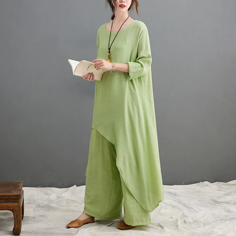 Bộ đồ hai mảnh màu trơn phong cách Trung Quốc cổ điển dành cho nữ, áo dài cổ tròn không đều, quần ống rộng thoải mái, bộ trang phục phong cách Zen.