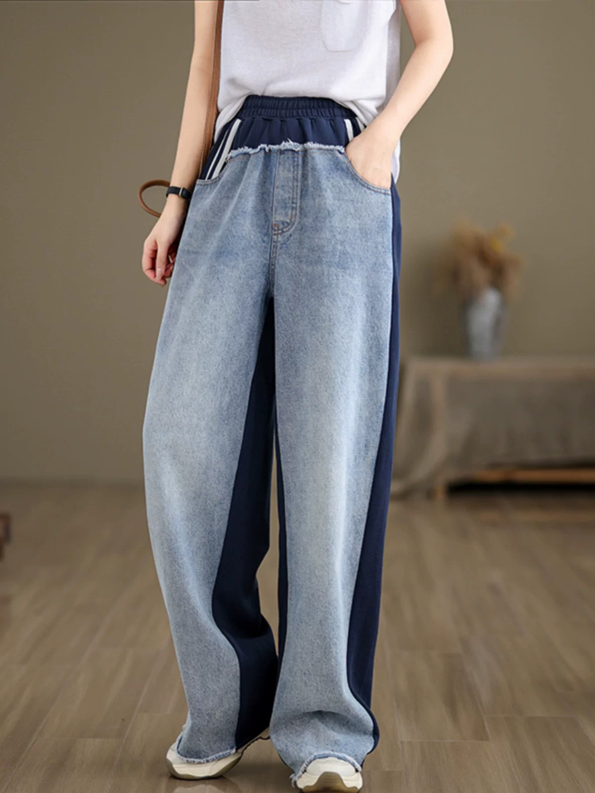 Quần jeans denim phối màu chắp vá thiết kế retro dành cho nữ, quần ống rộng cạp cao tôn dáng mùa hè, quần dài suông chạm đất.