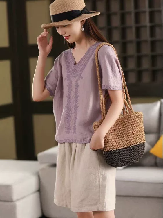 Áo sơ mi cổ chữ V tay ngắn bằng vải gai dầu cổ điển dành cho nữ 2026 Mùa hè mới Áo mỏng giảm béo đa năng thêu.