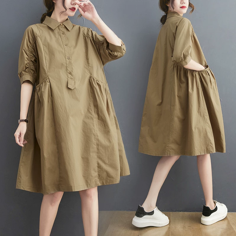 Váy sơ mi nữ dáng dài vừa phải, phong cách Pháp, size lớn, thiết kế ôm eo thanh lịch, che bụng và giúp bạn trông thon gọn hơn, mẫu mới hè 2026.