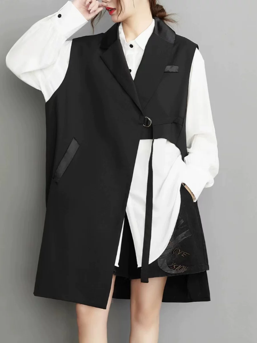 Áo vest veston cao cấp thiết kế mới mùa thu 2026 dành cho nữ cỡ lớn, dáng dài trung bình, kiểu dáng bất đối xứng, phong cách độc đáo
