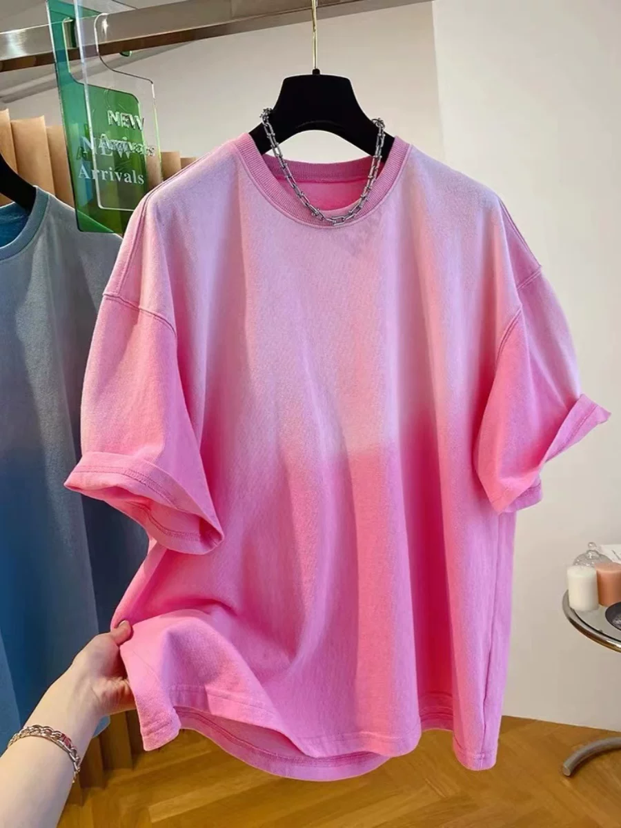 Áo thun nữ tay ngắn bằng cotton giặt màu độc đáo và sành điệu, áo nửa tay cao cấp mùa hè, áo mặc trong.