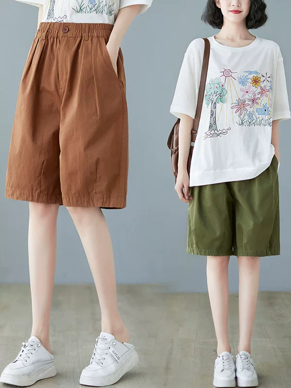 Quần cotton vải chéo cổ điển mùa hè dành cho nữ, lưng thun, quần ống đứng thon gọn, quần năm điểm rộng rãi đa năng, quần dài vừa phải.