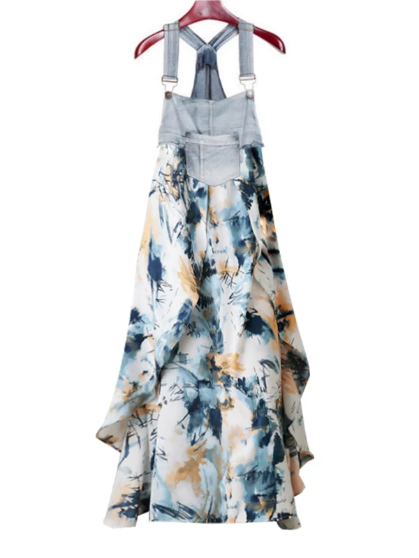 Váy yếm dáng dài trung bình, thiết kế denim in họa tiết, chất liệu chiffon xếp ly, kiểu dáng mới mùa hè 2026, phong cách độc đáo