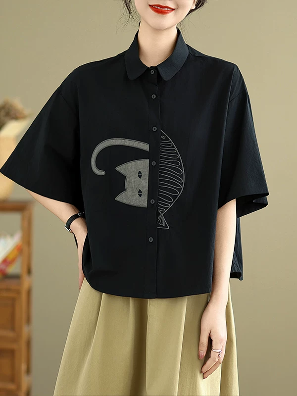 Áo sơ mi nữ mùa hè phong cách retro đơn giản, chất liệu cotton nguyên chất, tay ngắn, thêu họa tiết, size lớn, kiểu dáng rộng rãi, đa năng, giúp thon gọn vóc dáng.