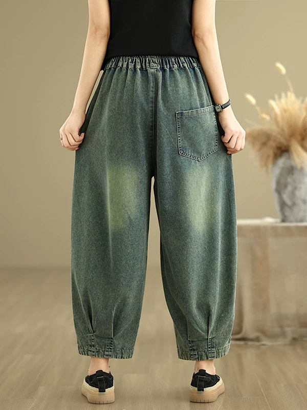 Quần harem denim trắng phong cách dân tộc, phối vải, kiểu retro, mỏng, mùa hè, cạp chun, dáng rộng, ống lửng