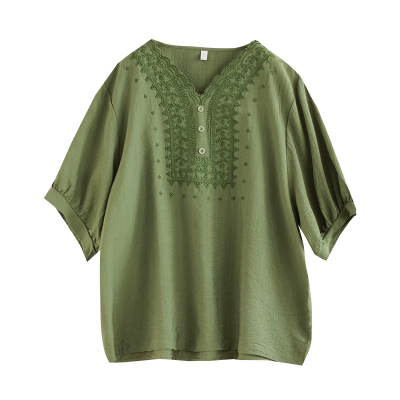 Áo thun nữ tay ngắn cổ tròn chất liệu cotton và lanh phong cách nghệ thuật, màu trơn, dáng rộng mùa hè, size lớn, tôn dáng cho người có đường cong, áo nửa tay.