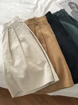 Quần short vải cotton và vải lanh phong cách retro Nhật Bản dành cho nữ, quần cạp cao mùa hè, dáng nhỏ nhắn, quần ống rộng bằng vải lanh mỏng, dáng chữ A, quần năm phần.