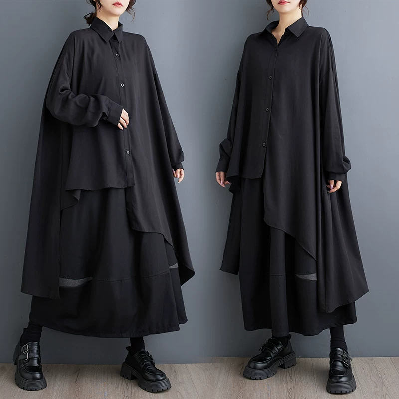 Váy áo sơ mi dáng dài bất quy tắc, phong cách tối màu, thời trang plus size xuân thu 2026 dành cho nữ, áo khoác váy thời trang.