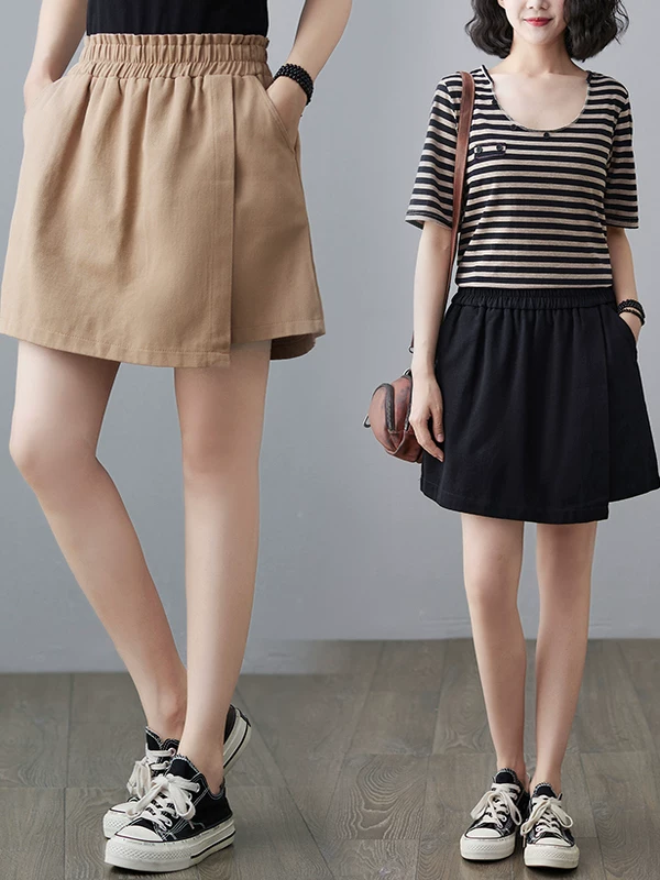 Quần short trơn màu dành cho nữ hè 2025 phong cách Hàn Quốc cạp cao size lớn dành cho học sinh, quần giả hai mảnh dáng chữ A ống rộng giúp thon gọn.