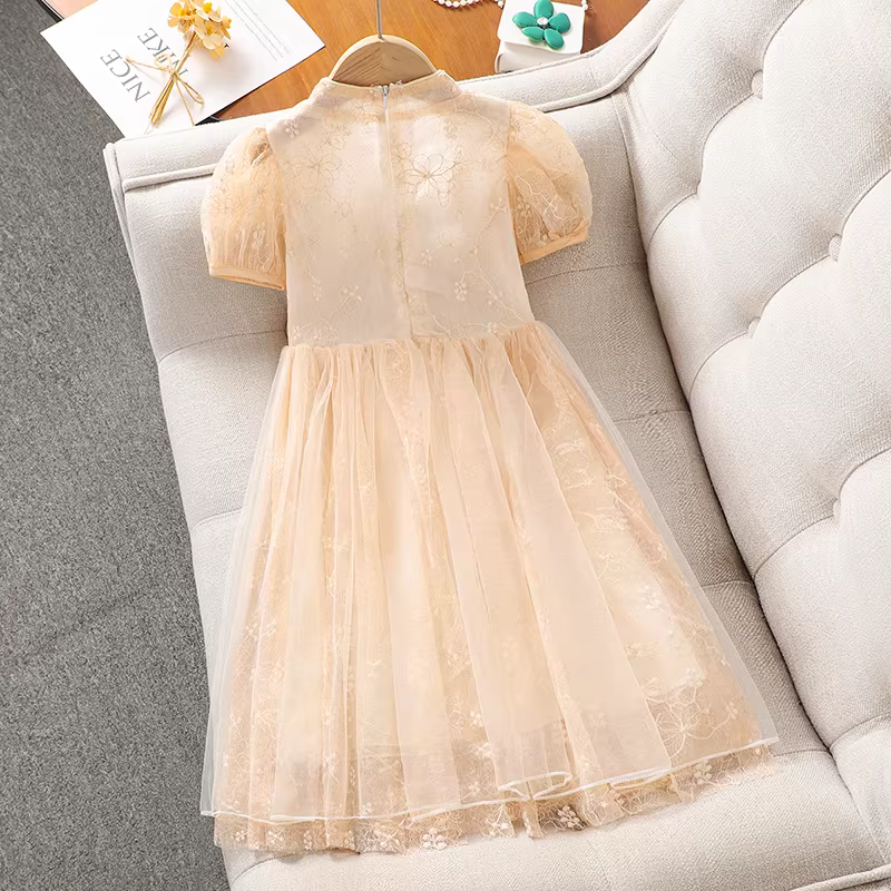 Váy kiểu Trung Quốc mới cho bé gái mùa hè 2025, váy công chúa tay bồng ren mới, váy trẻ em mùa hè