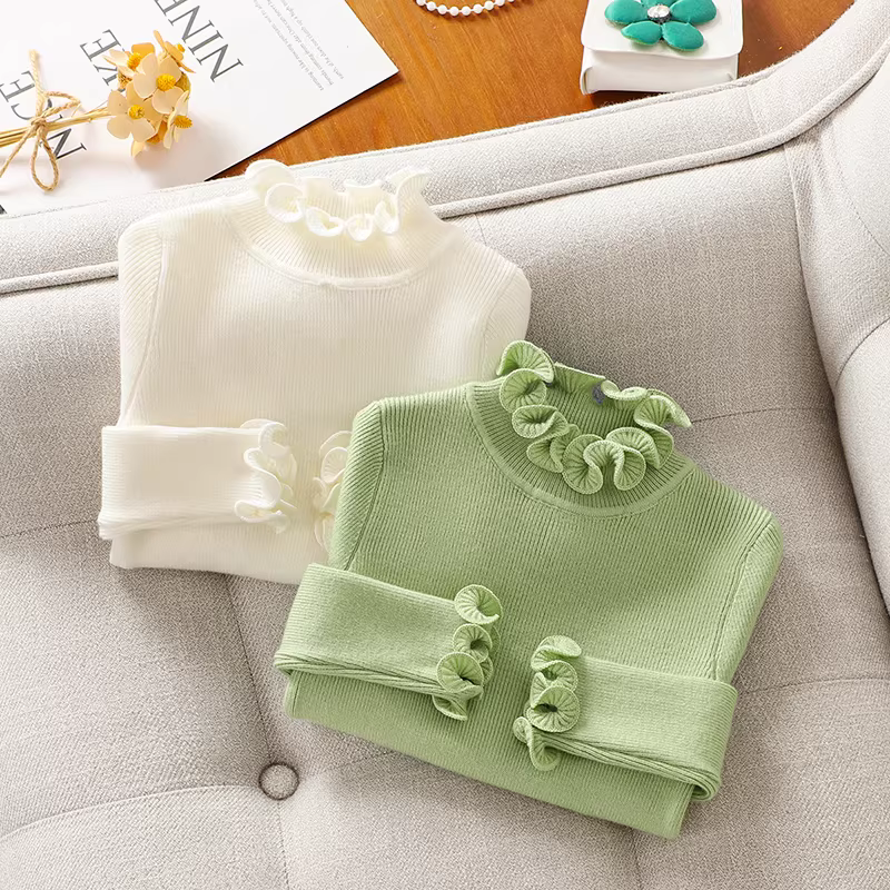 Áo len dệt kim bé gái thu đông 2025 kiểu mới, áo lót giữ ấm bé gái, áo len bó sát xếp ly