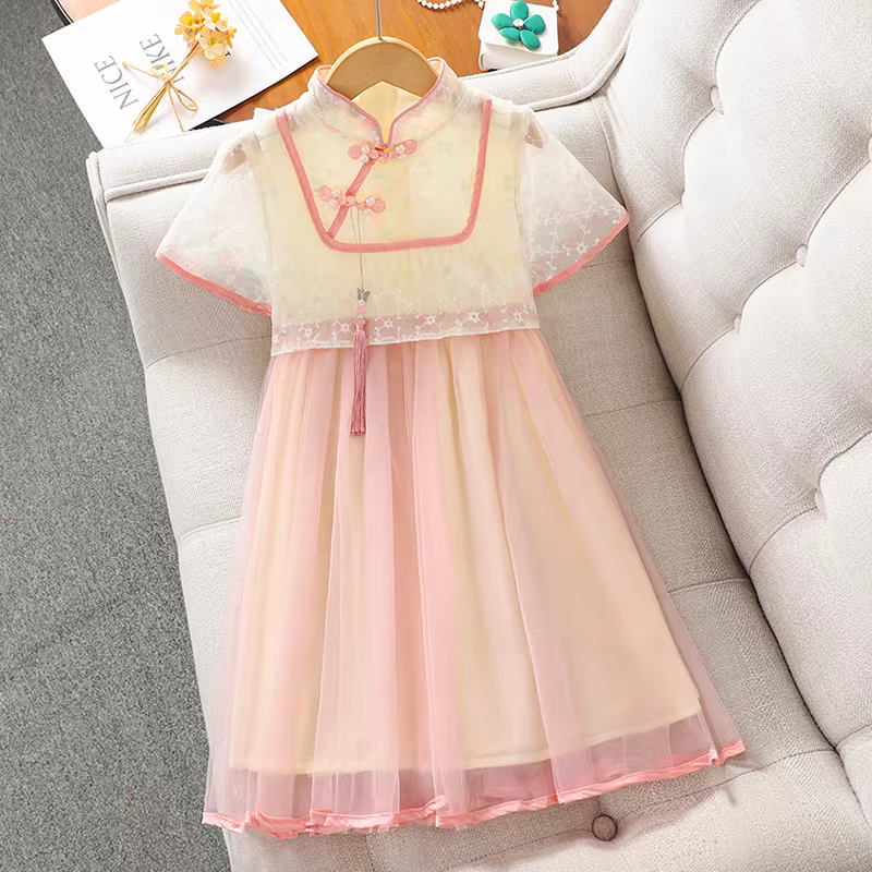 Váy Hanfu nữ 2025 kiểu mới ngọt ngào phong cách Mỹ váy công chúa váy mùa hè siêu tiên nữ váy tua rua trẻ em