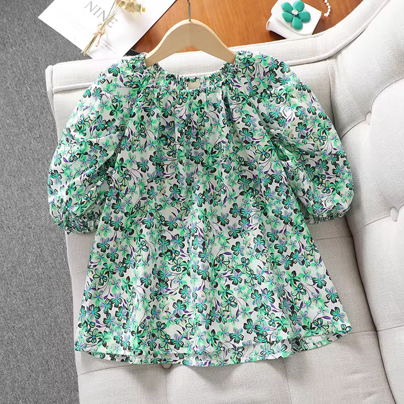 Áo sơ mi babydoll cho bé gái, phong cách mùa hè mới, áo sơ mi hoa một vai cho trẻ em, áo cotton nguyên chất ngắn tay rộng rãi mùa hè cho trẻ lớn