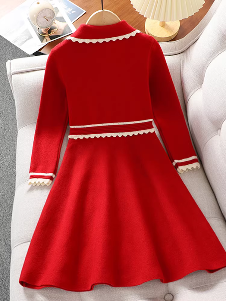Váy bé gái mùa thu đông 2025, trang phục Tết, váy áo len kiểu Chanel cho bé gái, trang phục chào mừng năm mới, váy đỏ cho bé gái.