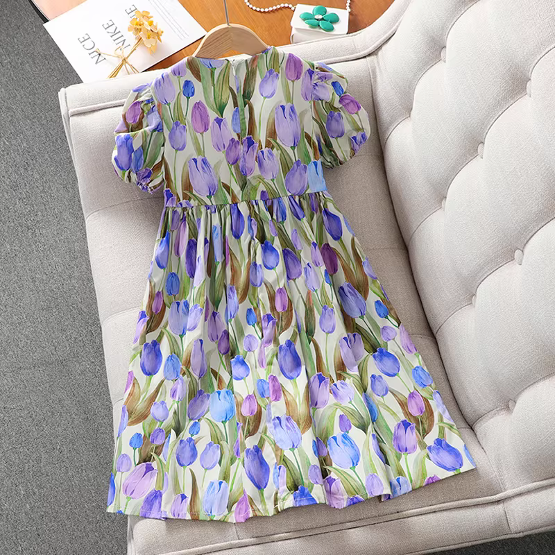 Váy hè bé gái, váy công chúa tay bồng họa tiết hoa, váy hè cổ búp bê kiểu mới 2025 dành cho trẻ em