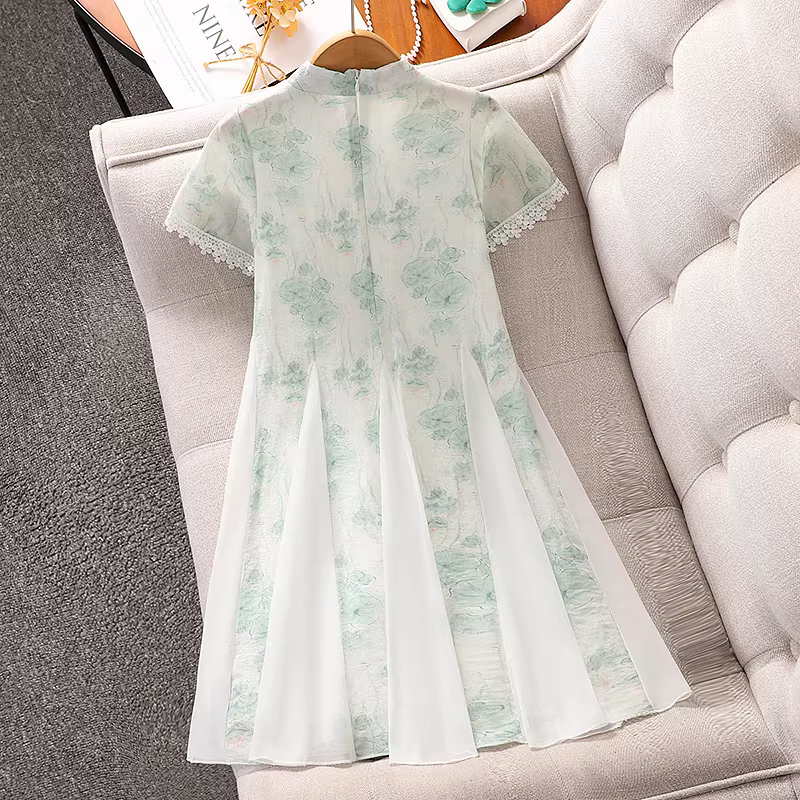 Váy sườn xám mùa hè dành cho bé gái, váy mùa hè kiểu Trung Hoa mới của bé gái lớn hơn, quần áo trẻ em, váy lưới siêu cổ tích