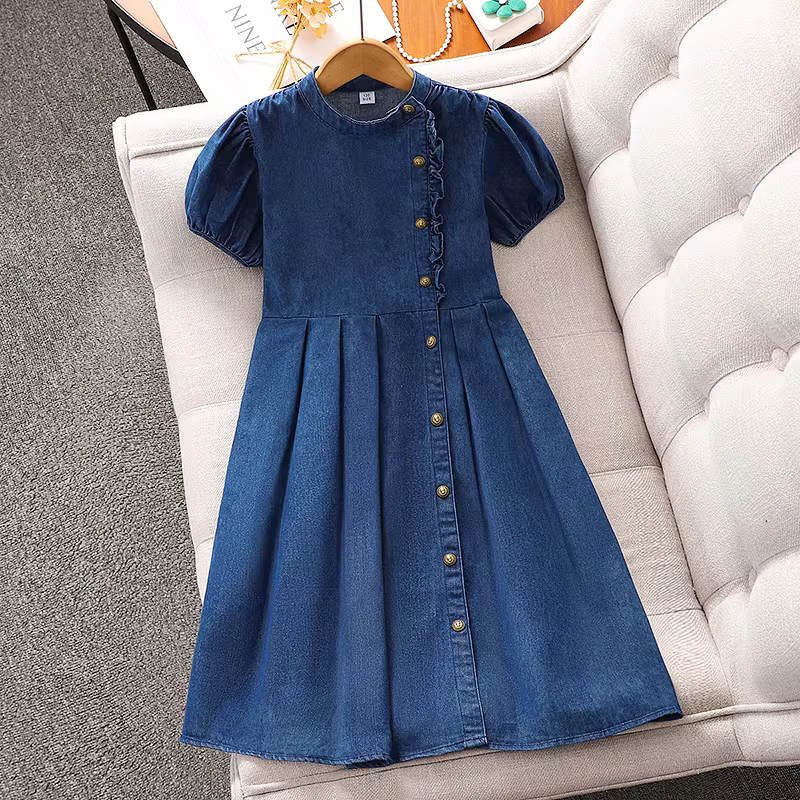 Váy denim ngắn tay thời trang cho bé gái, đầm hè 2025, kiểu dáng trẻ em, eo thon, váy thường ngày, đầm hè