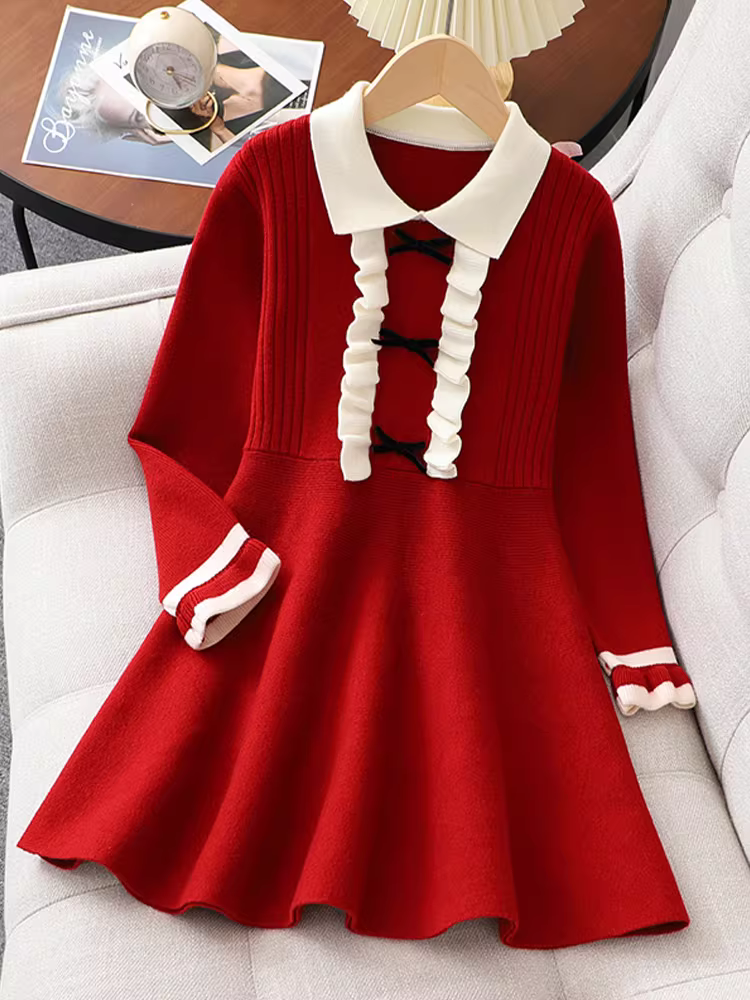 Váy bé gái thu đông 2025 kiểu công chúa thời trang màu đỏ trang phục Tết áo len váy trẻ em trang phục chào mừng năm mới
