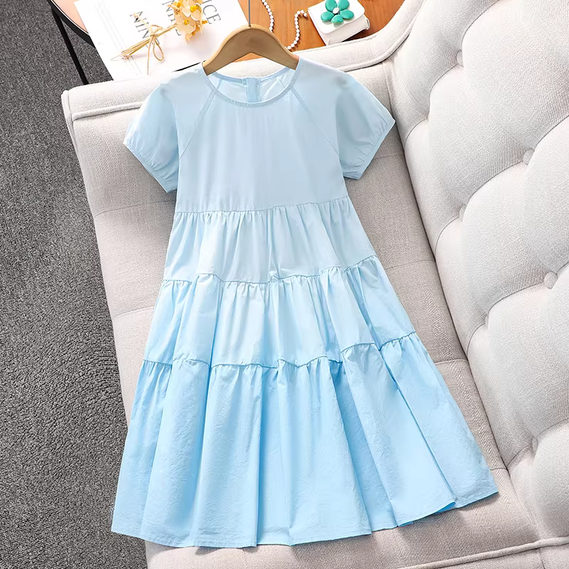 Váy hè bé gái 2025 kiểu mới, váy công chúa ngắn tay phối màu, váy cotton thời trang hè cho bé