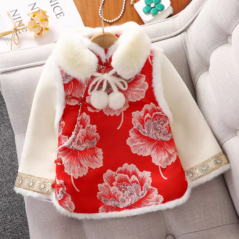 Váy mặt ngựa cho bé gái Trang phục năm mới, quần áo năm mới màu đỏ cho bé gái, váy Hanfu mùa đông 2025 váy chào mừng năm mới cho trẻ em