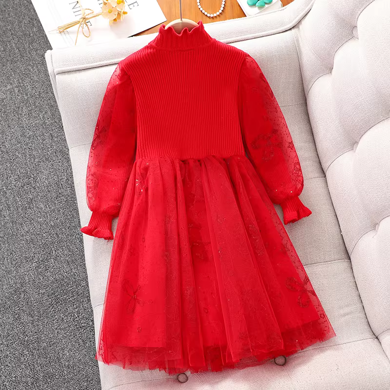 Váy kiểu Chanel nhỏ nhắn cho bé gái mặc mùa đông 2025 Quần áo năm mới màu đỏ cho bé gái Váy công chúa Váy chào mừng năm mới cho trẻ em