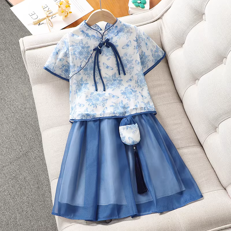 Bộ đồ kiểu Trung Hoa dành cho bé gái mẫu mới 2025 dành cho trẻ lớn, quần áo mùa hè, kiểu áo Tang cổ điển, họa tiết men xanh trắng, phong cách Trung Hoa Dân Quốc, bộ hai mảnh