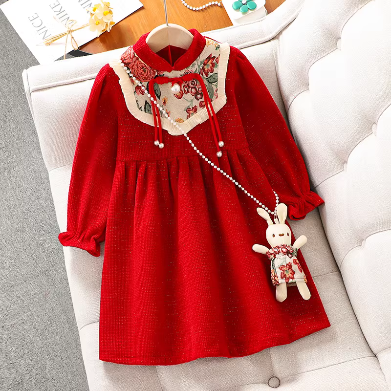 Trang phục năm mới của bé gái Váy kiểu Trung Quốc Váy công chúa màu đỏ mùa đông dành cho trẻ em có lông cừu Quần áo năm mới