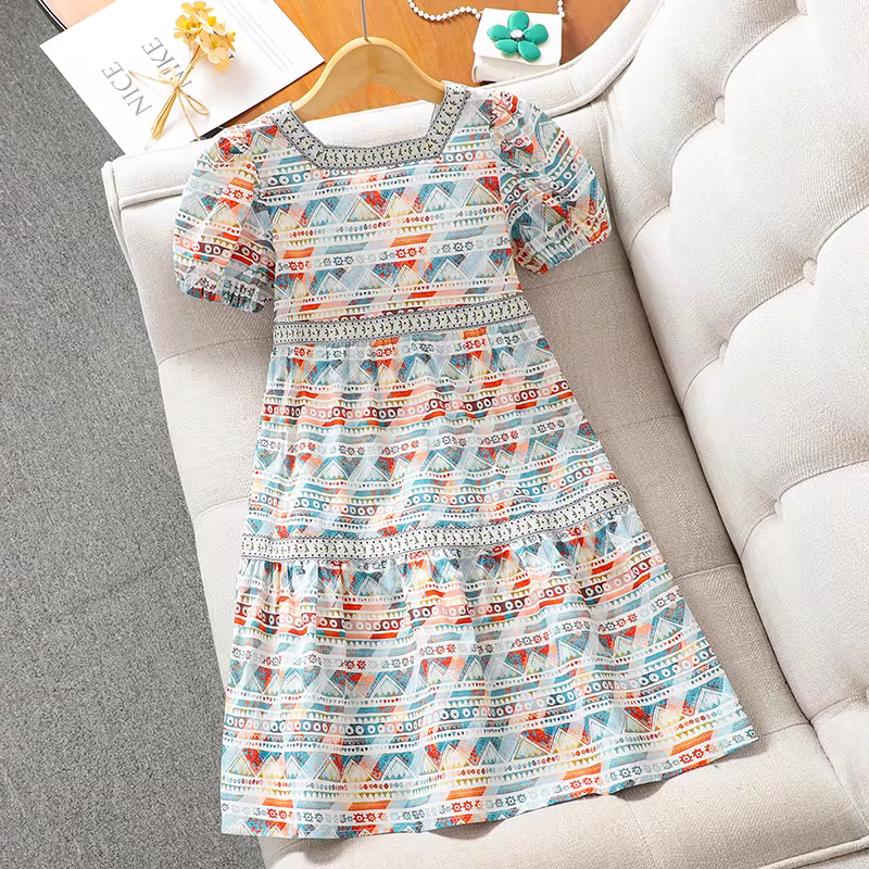 Váy hè bé gái 2025 kiểu mới cổ vuông họa tiết hoa công chúa, váy hè cho bé lớn, váy mỏng cho trẻ em