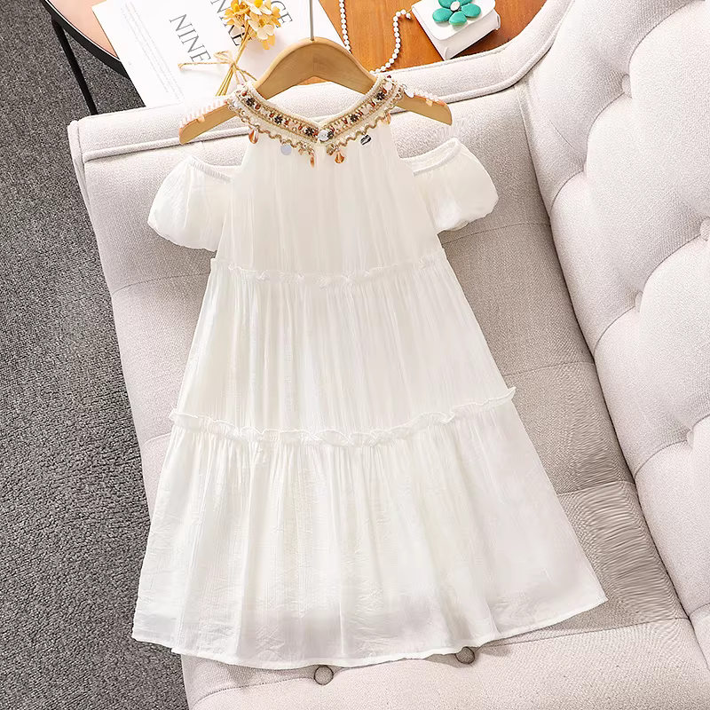 Váy trễ vai mùa hè kiểu mới 2025 cho bé gái, váy dạo phố thường ngày, váy voan đi biển cho trẻ em