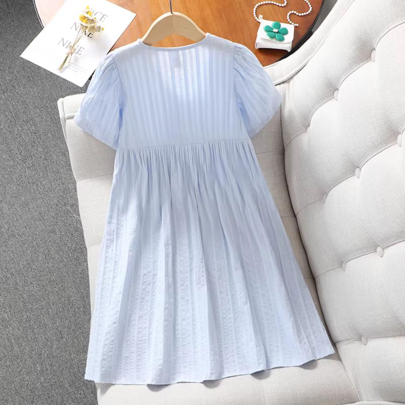 Váy mùa hè rộng rãi cho bé gái, váy cotton nguyên chất sọc chắp vá phong cách Nhật Bản, váy chữ A ngắn tay nghệ thuật cho bé gái lớn