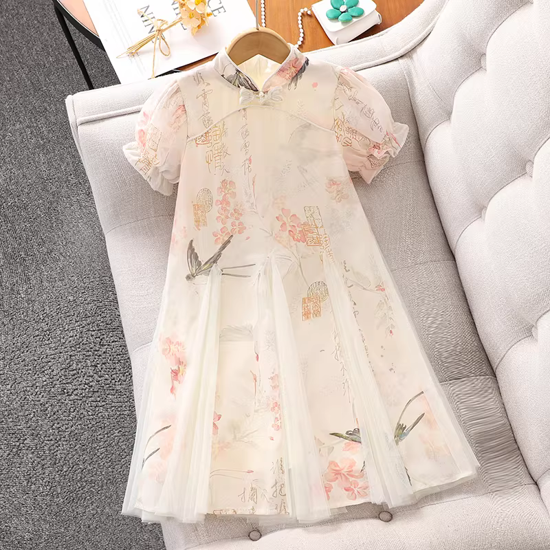 Váy hè kiểu dân tộc cho bé gái 2025, váy Hanfu mới, váy hè kiểu cổ điển, váy công chúa kiểu cheongsam
