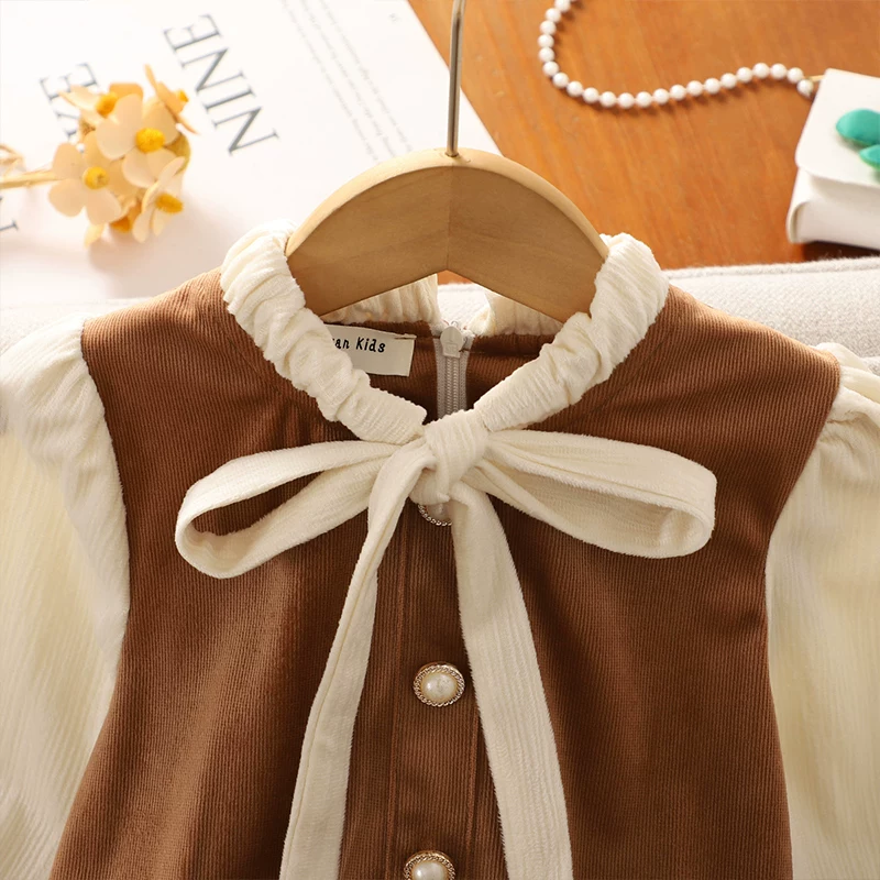 Váy phong cách preppy dành cho bé gái, quần áo cho bé gái lớn, váy công chúa giả hai mảnh mùa xuân và mùa thu, quần áo mùa thu, váy dài phong cách preppy dành cho trẻ em