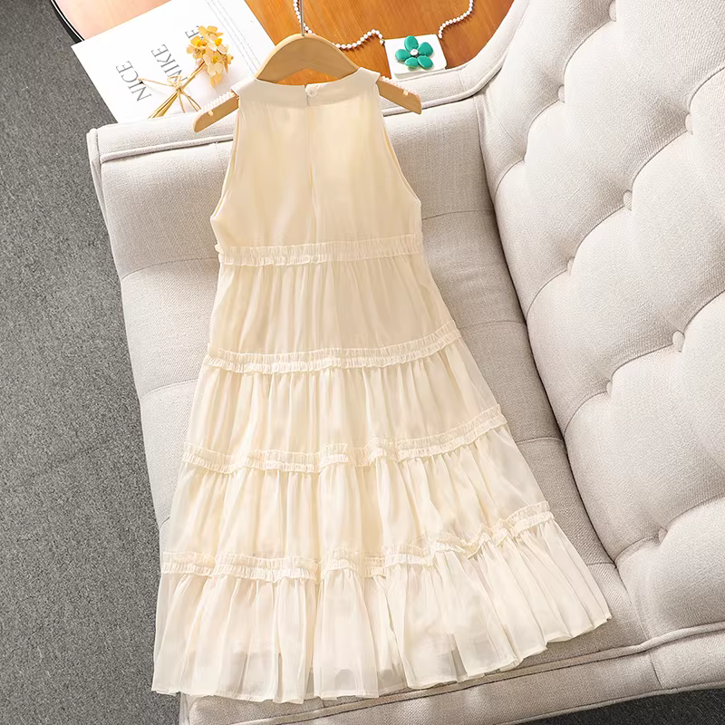 Váy kiểu dáng mùa hè cho bé gái, chất liệu chiffon, kiểu dây halter, váy công chúa đi biển, mẫu mới 2025