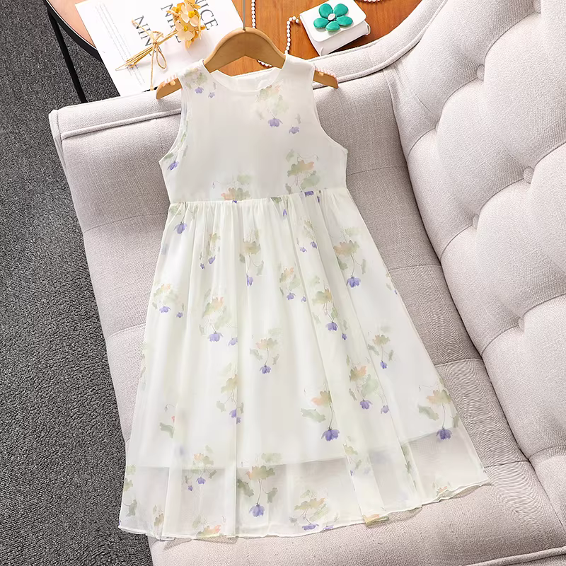 Váy hè kiểu mới 2025 cho bé gái, kèm khăn choàng hoa, váy công chúa, bộ đồ hè mỏng cho bé