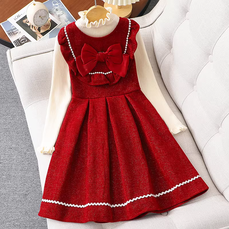 Trang phục năm mới của bé gái váy đỏ mùa thu đông Trang phục chào mừng năm mới Quần áo năm mới của trẻ em Bộ đồ vest bé gái