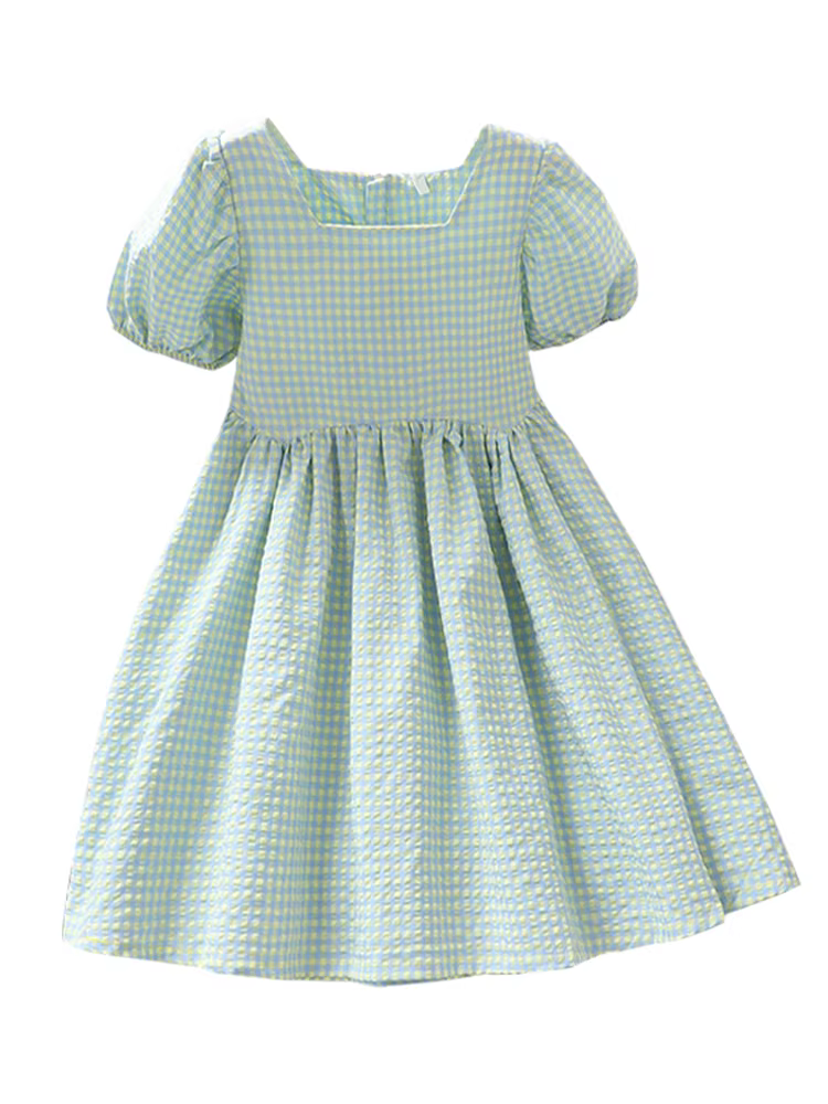 Váy kẻ sọc cho bé gái mùa hè phong cách mới vừa và lớn Váy cổ vuông tay phồng cho trẻ em bằng vải cotton nguyên chất Váy công chúa mùa hè cho trẻ em