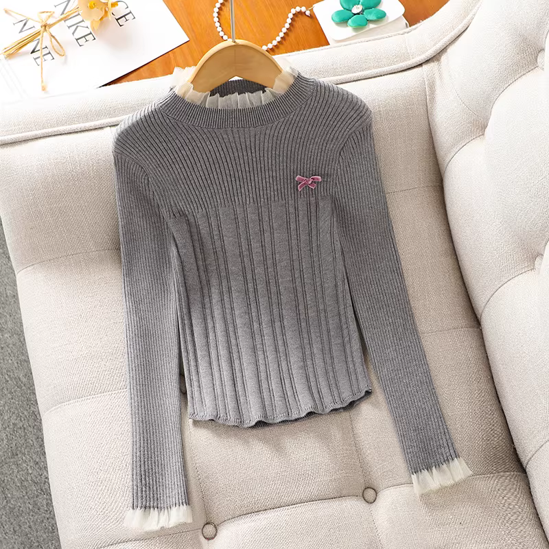 Áo len nữ cổ nửa cao phối nơ ren, kiểu dáng mới thu đông 2025, áo len ôm dáng, lớp lót bên trong