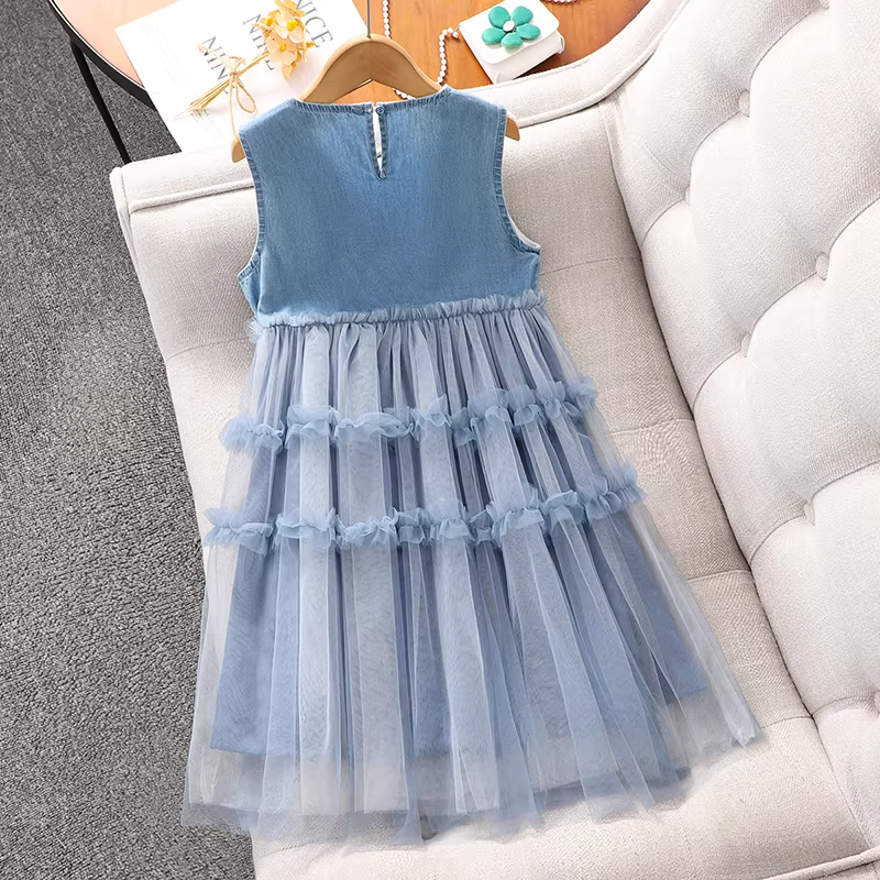 Váy lưới mùa hè cho bé gái kiểu mới 2025, váy yếm không tay, váy công chúa bồng bềnh cho bé gái
